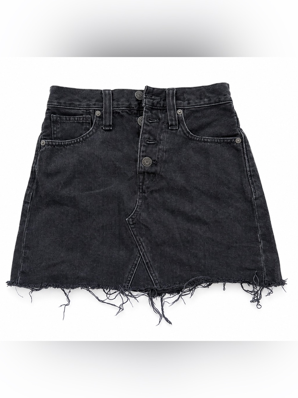 Madewell Black Denim A-Line Mini Skirt Size 26 Raw Hem Button Front